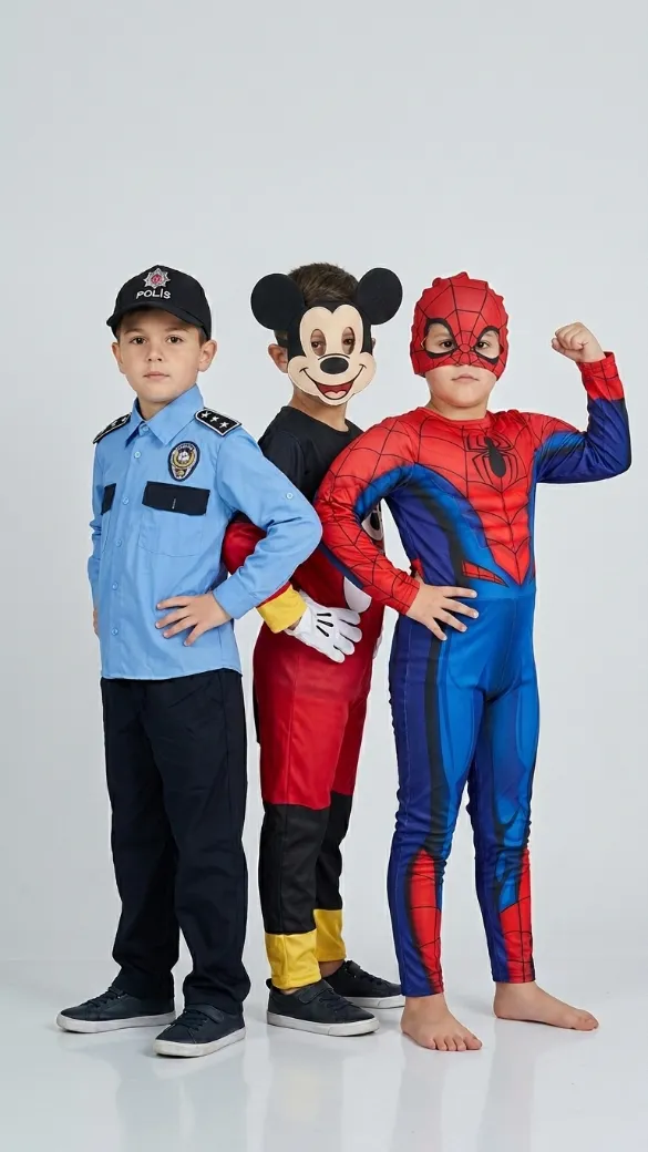 Polis, Mickey ve Örümcek Adam kostümlü çocuklar
